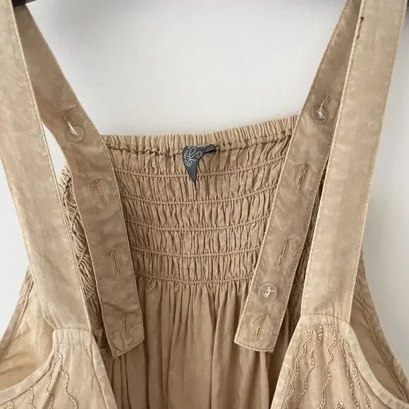 Boho Beige Embroidered Tank Top L Festival Cottagecore Fairy Hippie Button Strap - Picture 3 of 10